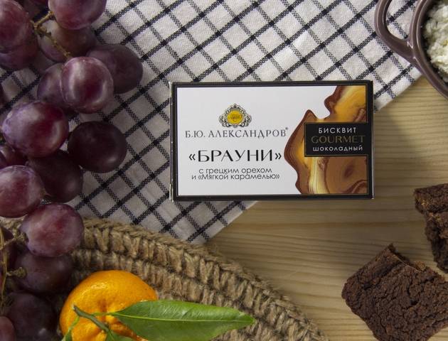 Бисквит шоколадный «Брауни» с грецким орехом и «Мягкой карамелью» «Б.Ю.Александров» 80 г.